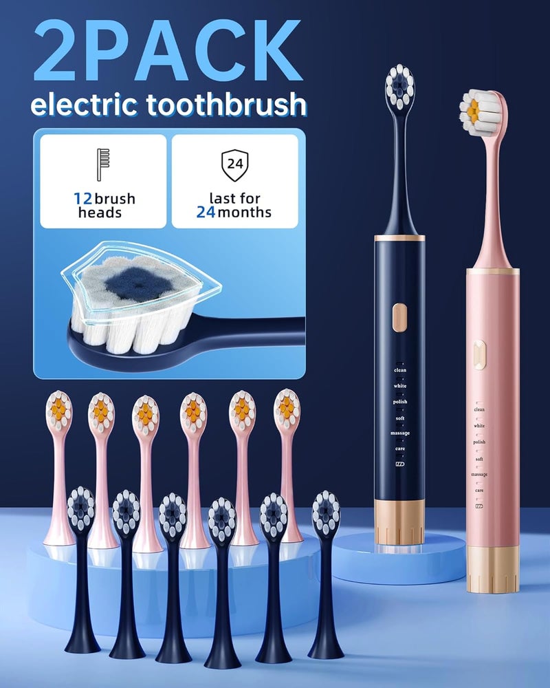 Aneebart Blue & Pink Electric Toothbrush for Adults, USB Rechargeable Sonic Toothbrush with 12 Brush Heads, Smart Timer, 6 Modes, 2-Hour Fast Charge Last 30 Days - Image 2